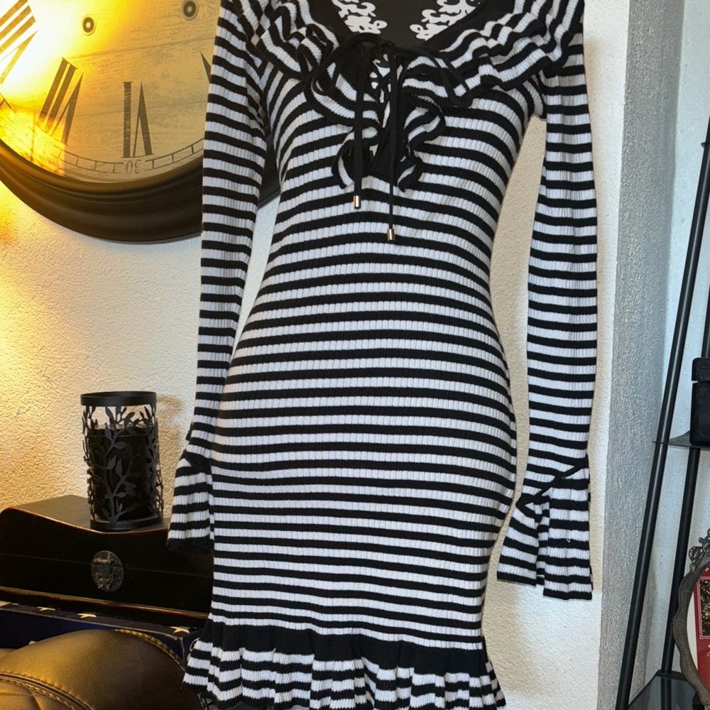 Free People Black and White Striped Long Sleeve Dress Never Worn